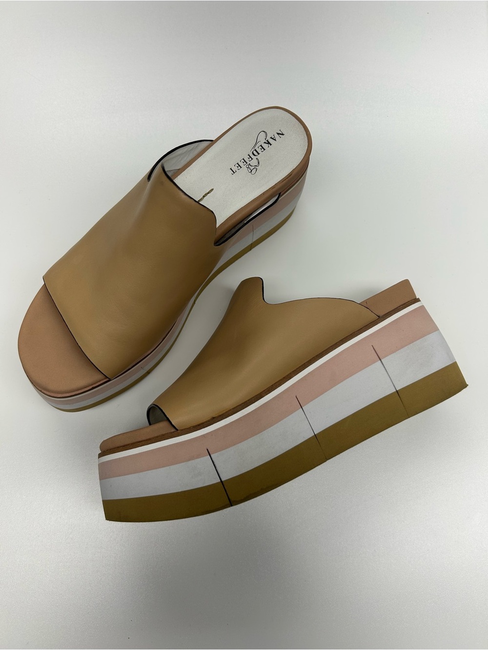 Tan Platform Slide Sandals - Leather Wedge